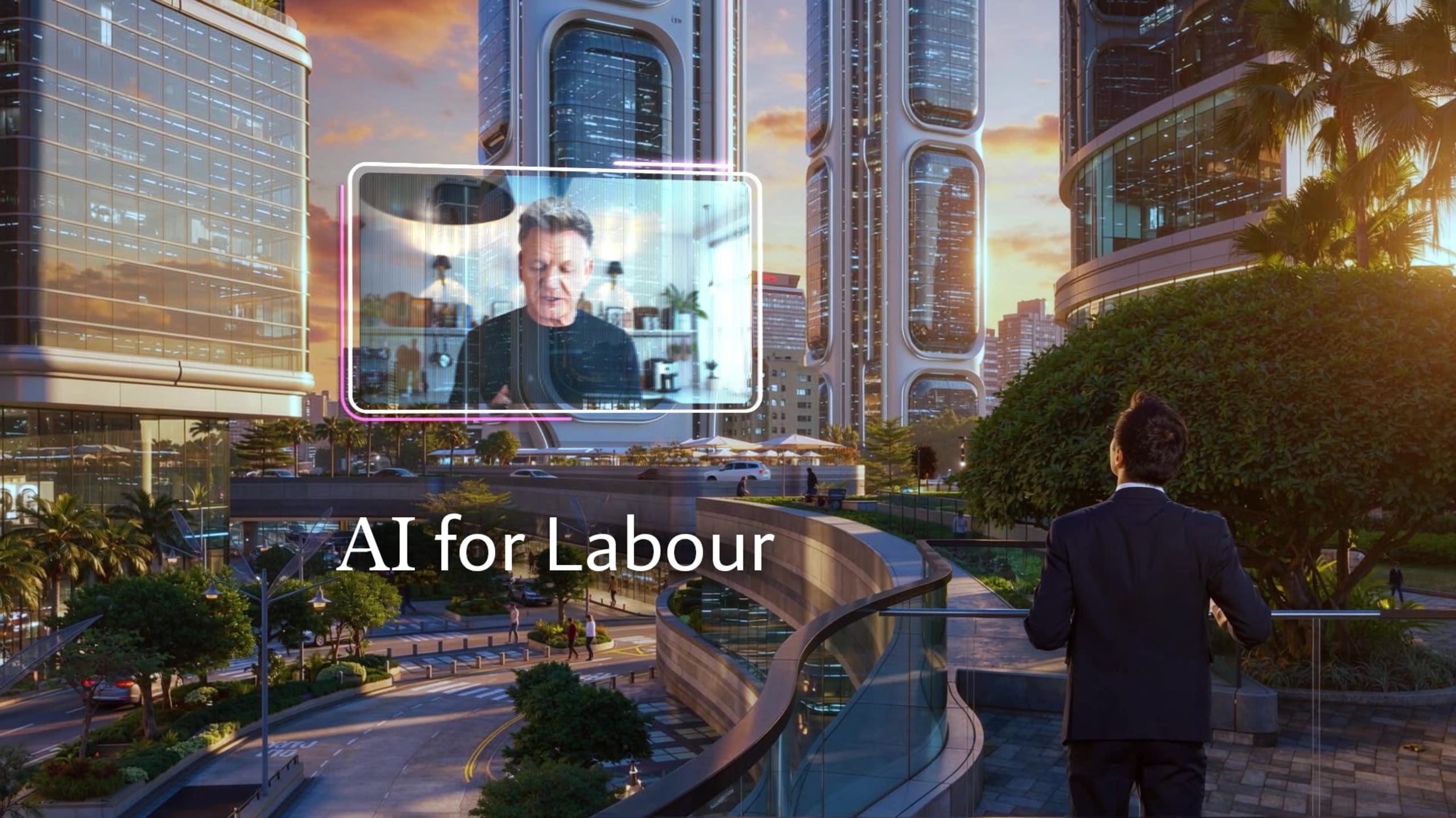 A person in a suit observes a futuristic cityscape with large digital screen displaying another person, with "AI for Labour" text overlay.