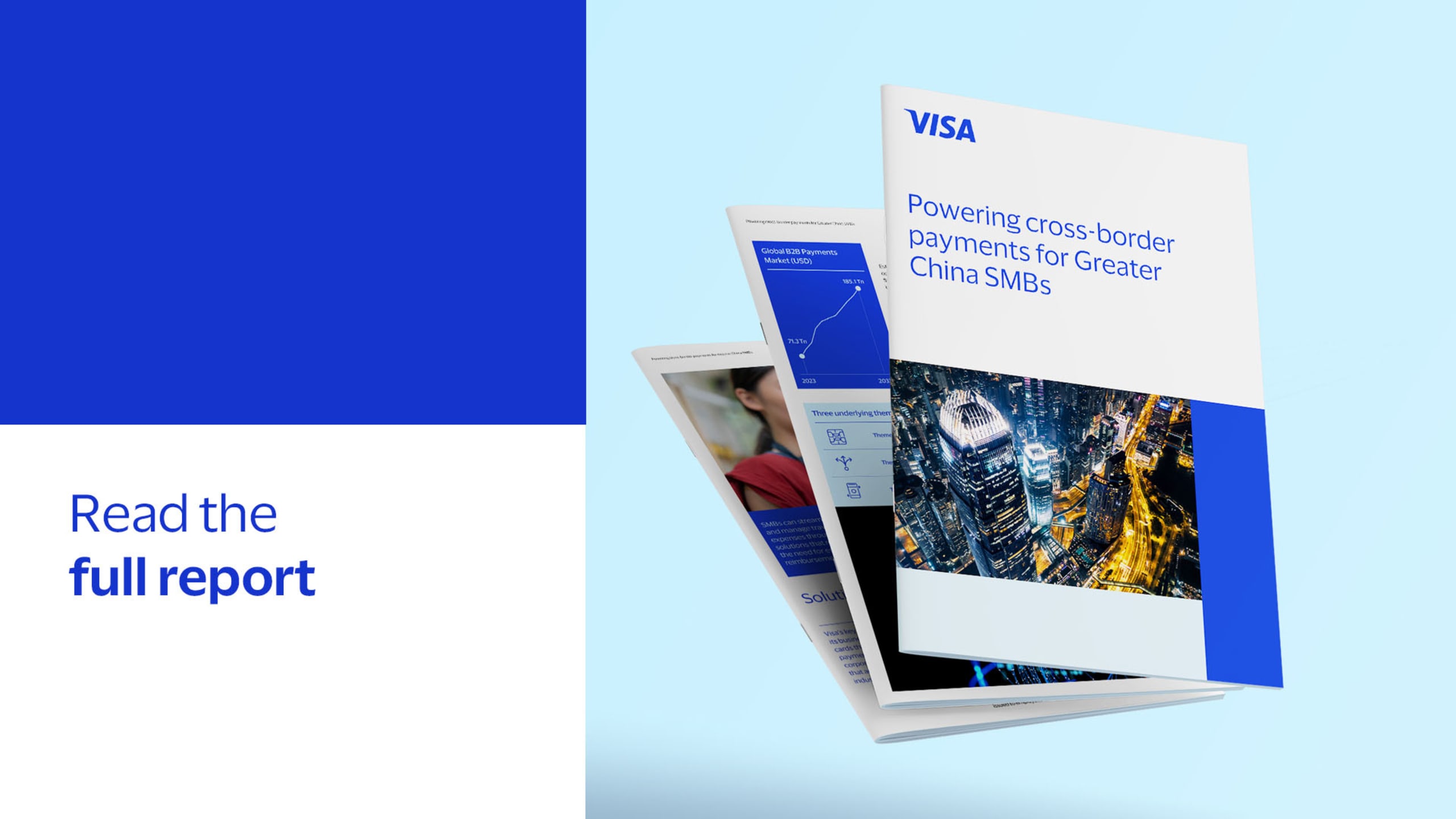 Visa report cover titled "Powering cross-border payments for Greater China SMBs" with cityscape image. Text: "Read the full report."