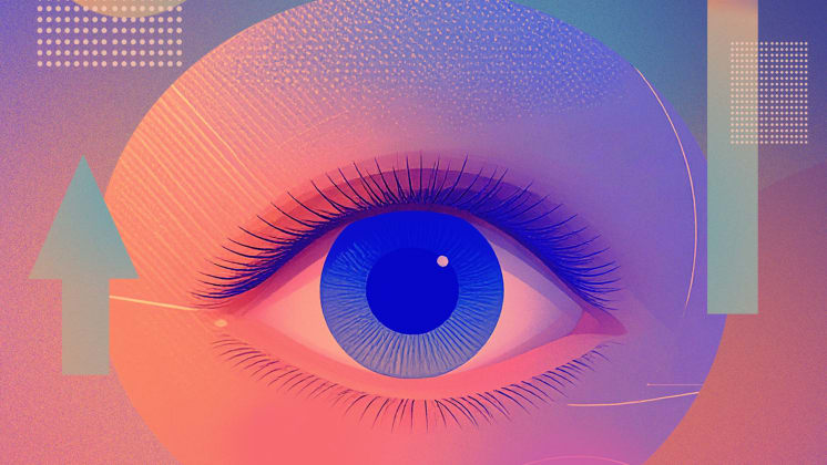 Abstract artwork of a blue eye with long lashes, set against a colorful gradient background with geometric shapes and patter