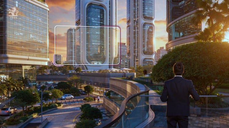 A man in a suit admires a futuristic cityscape with towering glass buildings at sunset, surrounded by greenery and modern architecture.