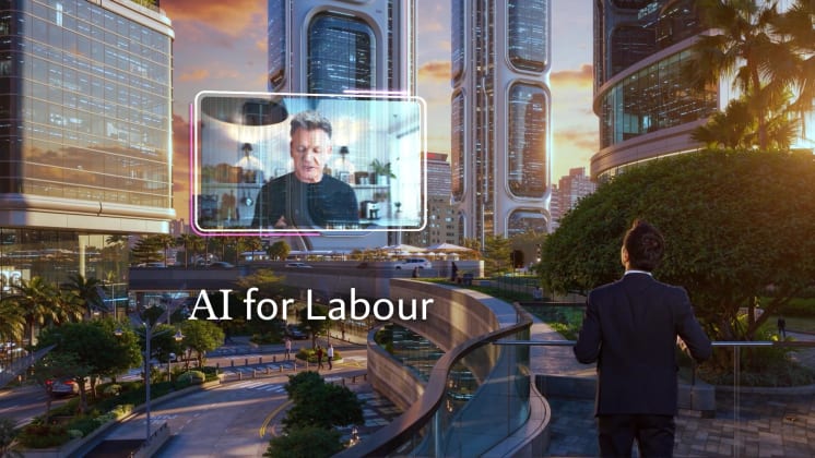 A person in a suit observes a futuristic cityscape with large digital screen displaying another person, with "AI for Labour" text overlay.