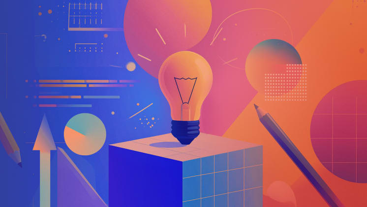 Abstract art with a lightbulb on a cube, surrounded by geometric shapes, arrows, and a pencil, in vibrant blue, orange, and pink hues.