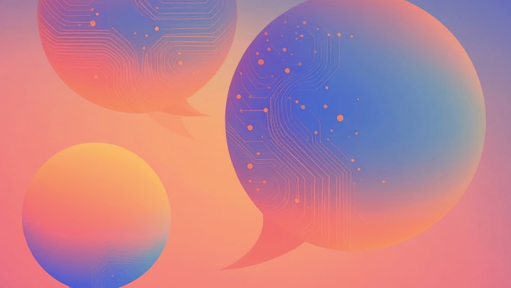 Abstract image of three gradient speech bubbles with circuit patterns, set against a pink and orange background.